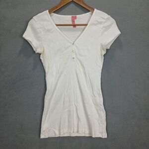 Charlotte Tarantola T Shirt Womens Large White Ribbed Cap Sleeve Henley Neck